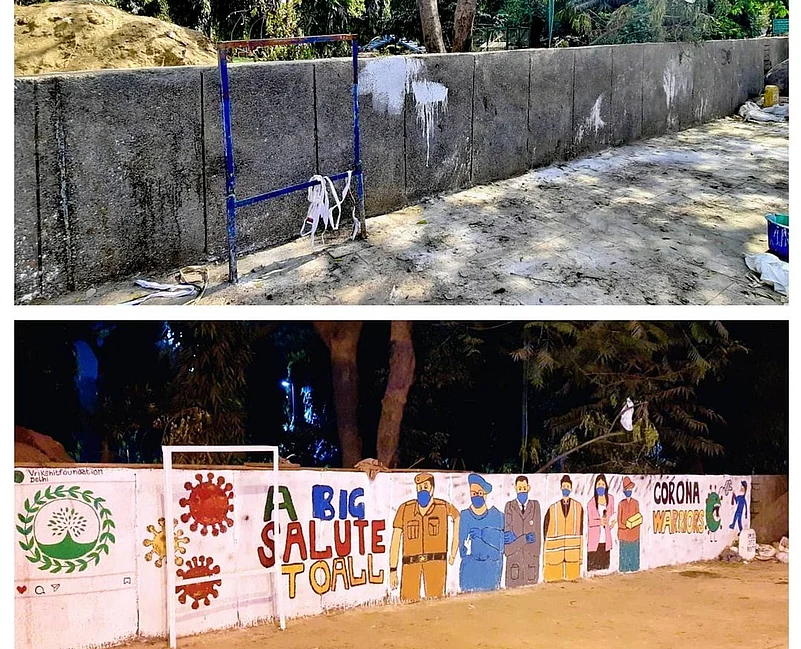 Before and after view of mural work by Vrikshit Foundation