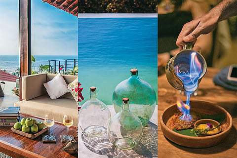 (from left to right): The open living space at the topmost villa; luxe decor by the infinity pool; ingredients for meals are sourced from within a 50 km radius