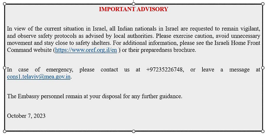 Advisory for Indian Nationals In Israel