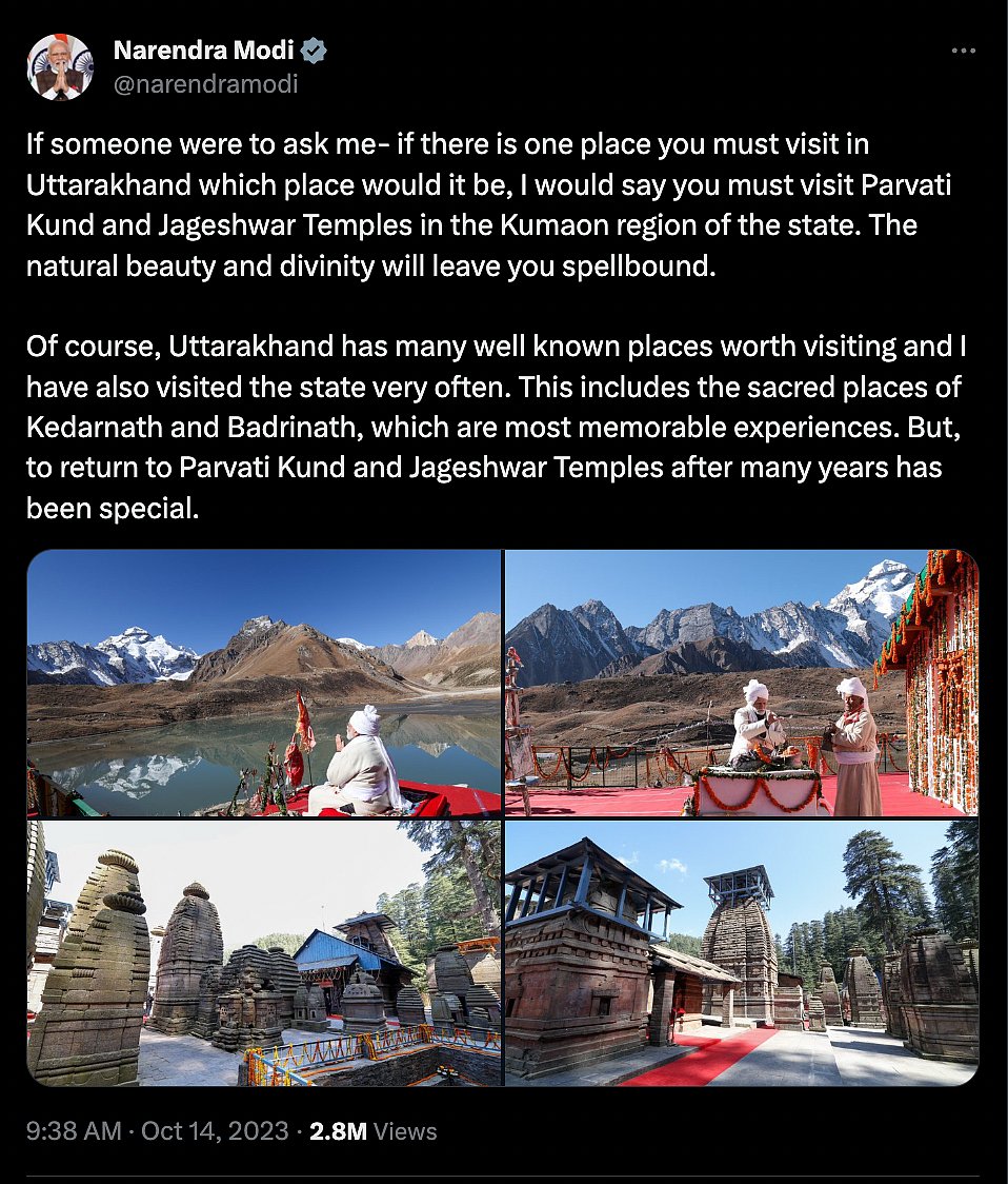 PM Narendra Modis post on X about visiting Jageshwar Temples and Parvati Kund