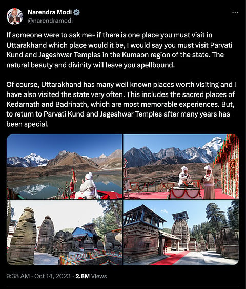 PM Narendra Modi's post on X about visiting Jageshwar Temples and Parvati Kund