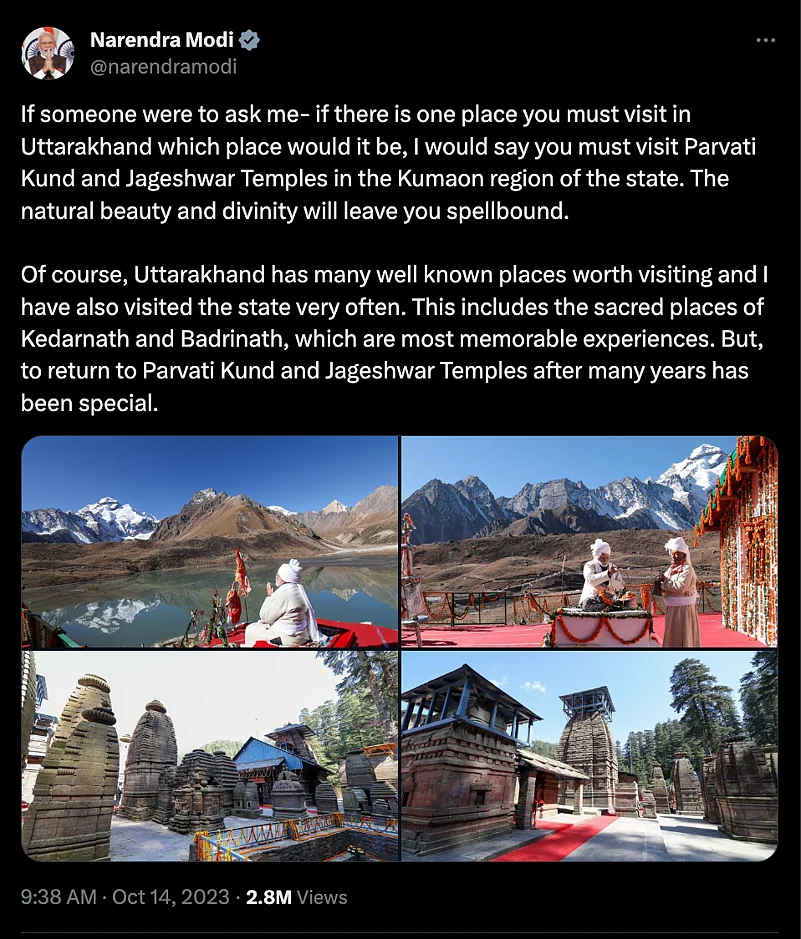 PM Narendra Modis post on X about visiting Jageshwar Temples and Parvati Kund