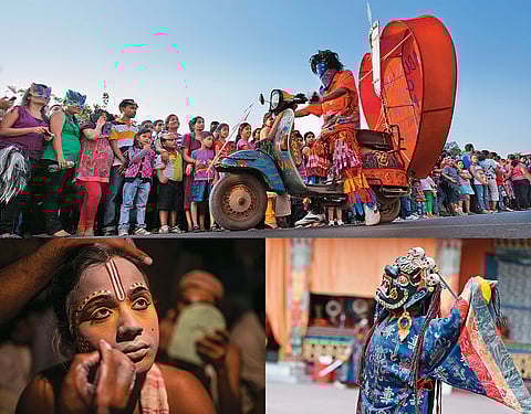 Clockwise: The grand parade of the Goa Carnival; a Buddhist festival at Rumtek Monastery, Sikkim; a Sattriya artist getting ready for his performance in Majuli, Assam