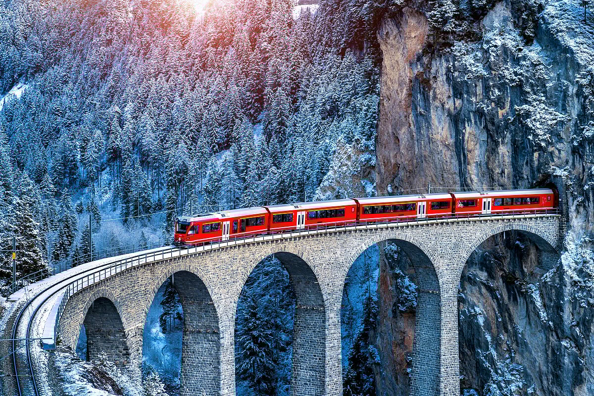 The Glacier Express against an eerie mountain