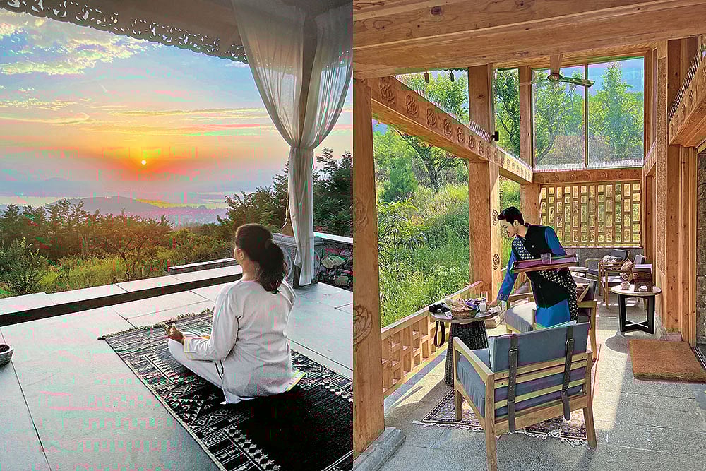 Left: Yoga classes at the retreat; Ruh, the restaurant at Qayaam Gah