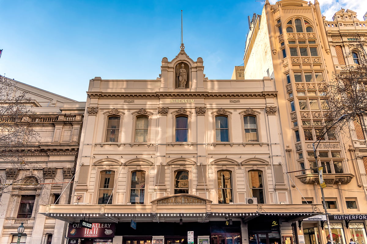 The front view of the Athenaeum Theatre on Collins Street, Melbourne, Australia