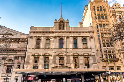 The front view of the Athenaeum Theatre on Collins Street, Melbourne, Australia