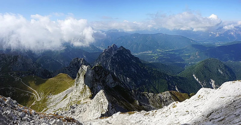 Panoramic view of Mangart Pass seen from the Via Ferrata trail going up to the mountain