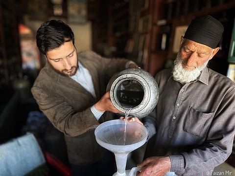 The rose water distillery in downtown Srinagar is still making rose water "Arq-I-Gulab"