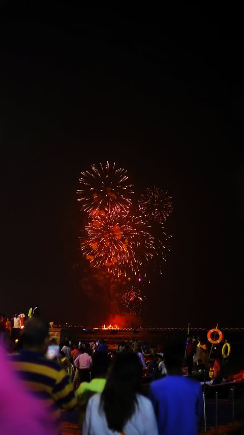 Fireworks are being performed at the ghats of Varanasi 