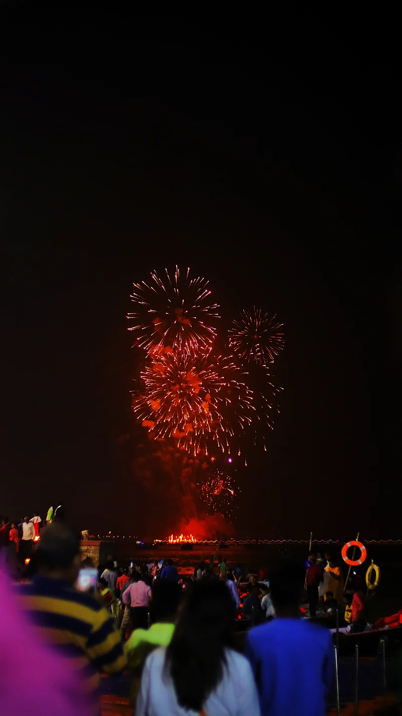 Fireworks are being performed at the ghats of Varanasi