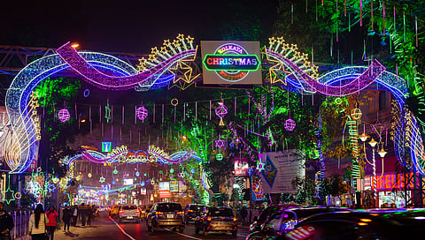 Park Street in Kolkata is decorated with lights for Christmas