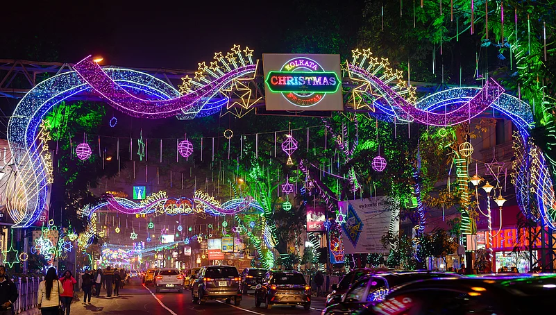 Park Street in Kolkata is decorated with lights for Christmas