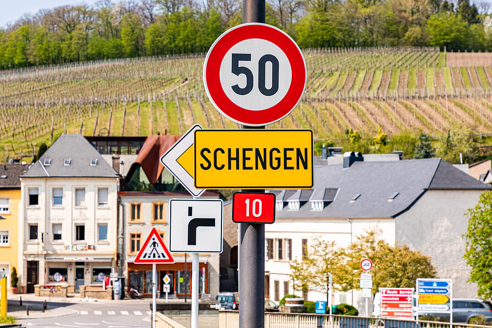 A road sign for Schengen town on the western bank of the river Moselle, Luxembourg.