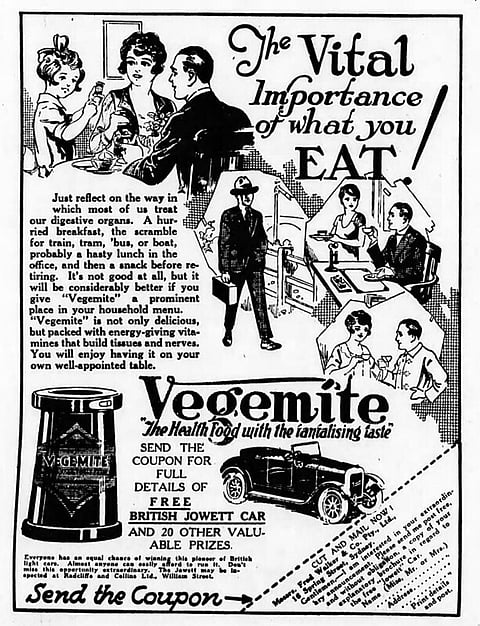 A 1926 advertisement for Vegemite, 
From the 27 October 1927 edition of Sydney Morning Herald