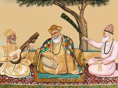 Wikimedia Commons : Painting entitled Guru Nanak by Kapur Singh depicting Guru Nanak Dev with Mardana (left) and Bala (right).