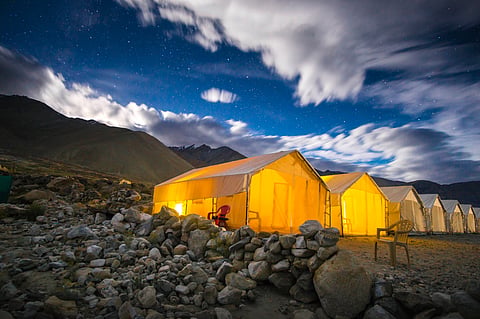 Camps by lake Pangong Tso