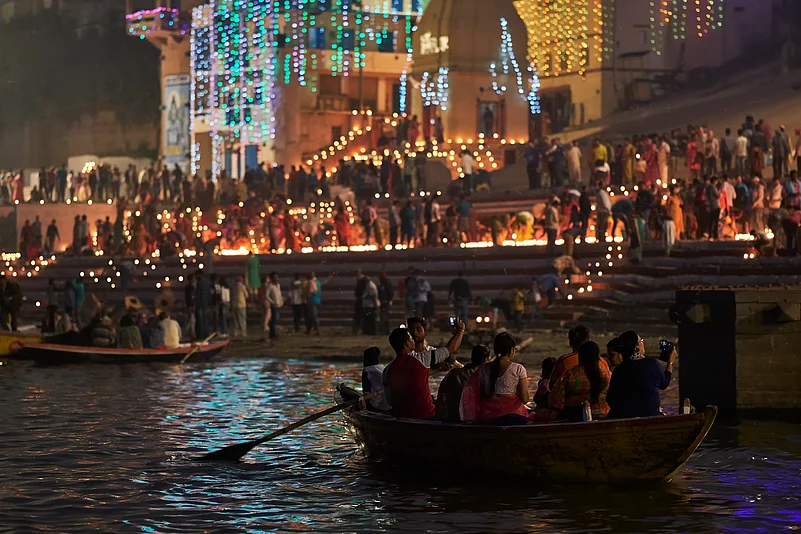 Boats in the water during Dev Deepawali festival