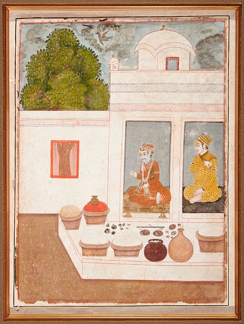 Janamsakhi painting of Guru Nanak working at the store at Sultanpur Lodhi, circa 19th–20th century.