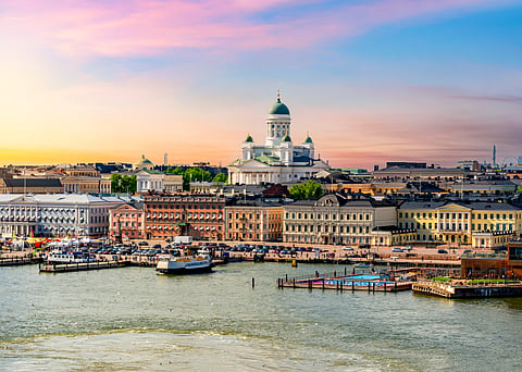 Helsinki cityscape and Helsinki cathedral at sunset, Finland