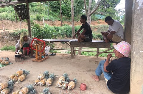 A woman spins thread while selling pineapples by the road in Manipur