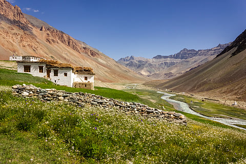 Traditional Ladakhi house by the Zanskar mountains