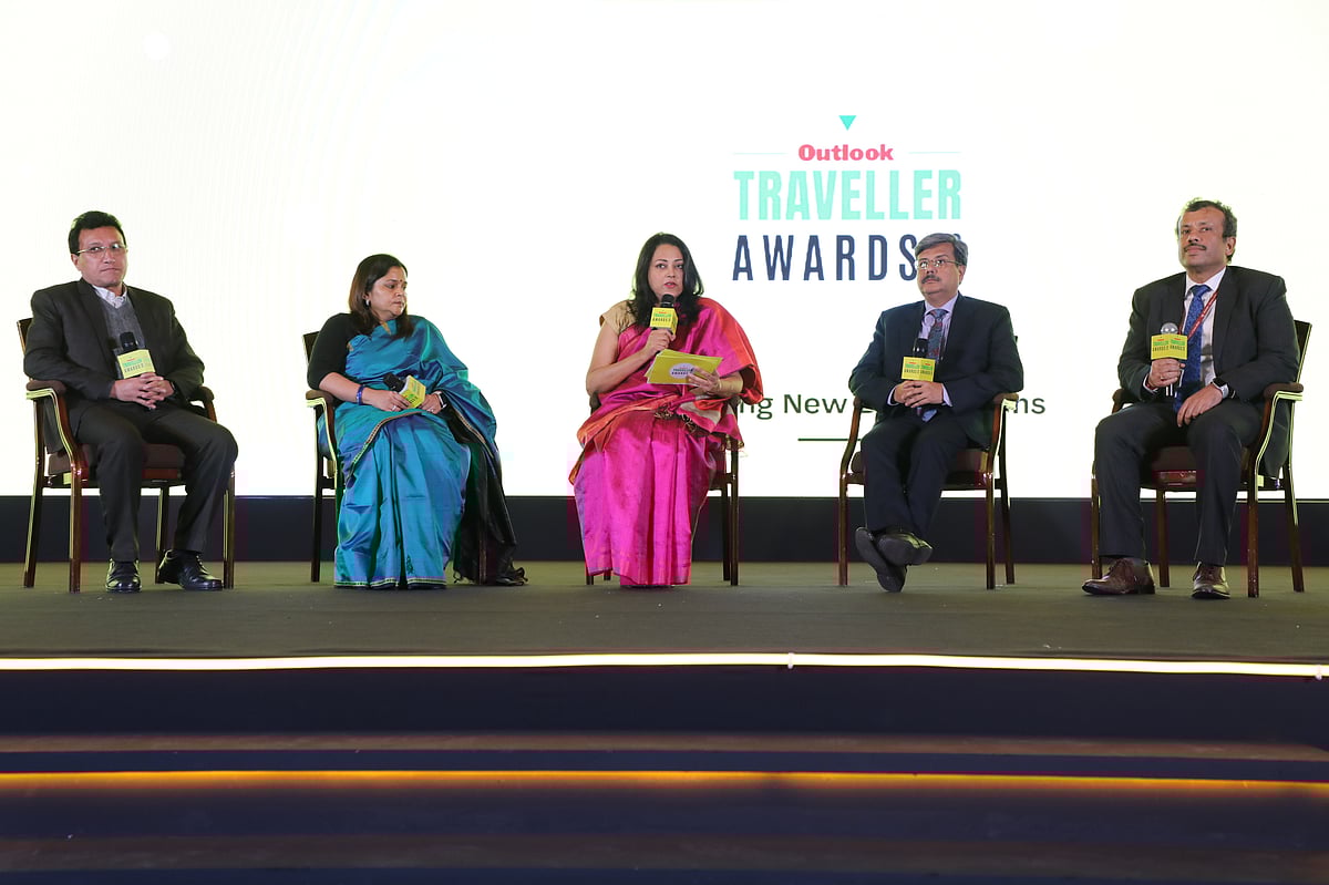 SURESH K PANDEY : Outlook Traveller Editor Anindita Ghosh moderated a panel on Creating New Destinations with (left to right:) K Mehboob Ali Khan, Secretary Tourism & Culture- Administration of UT of Ladakh, Gayatri Rathore, Principal Secretary- Rajasthan Tourism, Sheo Shekhar Shukla, Principal Secretary and MD, Madhya Pradesh Tourism Board, and Nalin Srivastava, Deputy Director General, National Mission For Clean Ganga