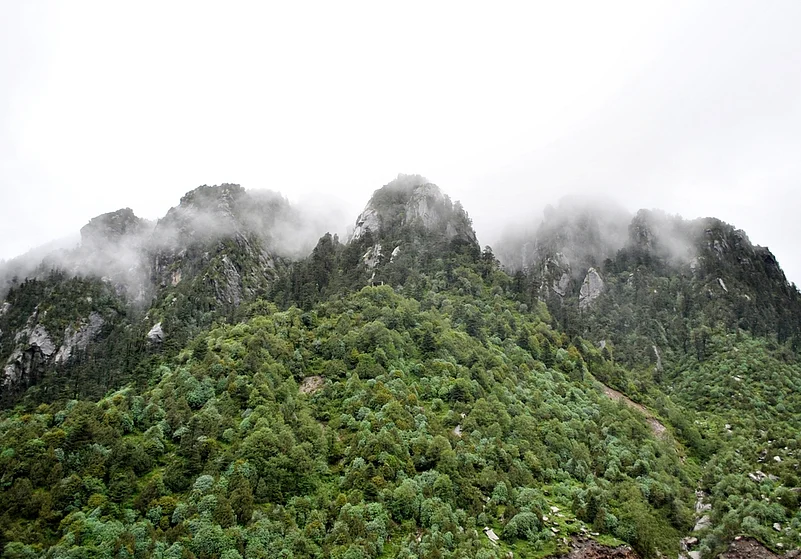 The mist-covered rocky terrain turns green during monsoon at Tsomgo Lake area situated under Pangolakha Wildlife Sanctuary in Sikkim
