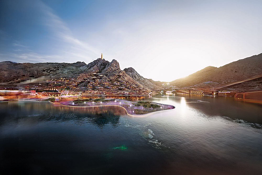 Courtesy: NEOM : The 2.8 km man-made freshwater lake in Trojena, NEOM, is surrounded by clusters housing top resort chains, dining options, and adventure activities