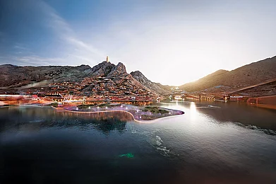 Courtesy: NEOM : The 2.8 km man-made freshwater lake in Trojena, NEOM, is surrounded by clusters housing top resort chains, dining options, and adventure activities