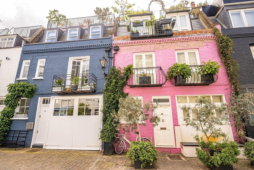 Colourful homes in St Lukes Mews, in the Notting Hill neighbourhood, London
