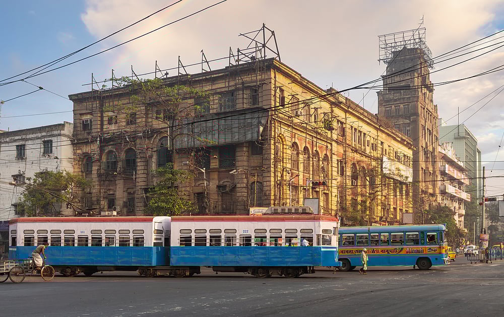 Commuters on a tram  in the Esplanade area of Kolkata 