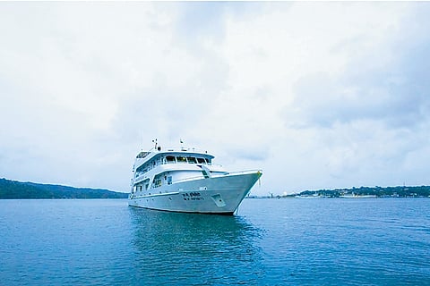 Infiniti Live-Abroad, a large four-decked ship, takes guests around the Andamans' pristine island