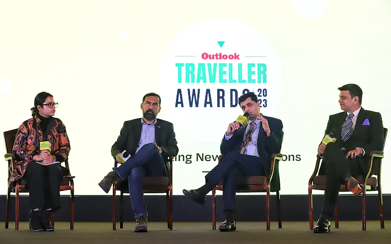 Panel on The Way Forward For Sustainable Travel, with (left to right) moderator Shreya Cheema, Siddhartha Butalia, Chief Marketing Officer of Air India Express, Devndra Chawla, CEO & MD of GreenCell Mobility, and Ankush Nijhawan, Co-Founder, TBO.com and Director, Nijhawan Group