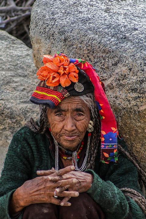 The Drokpa tribe adorns a traditional foral headgear