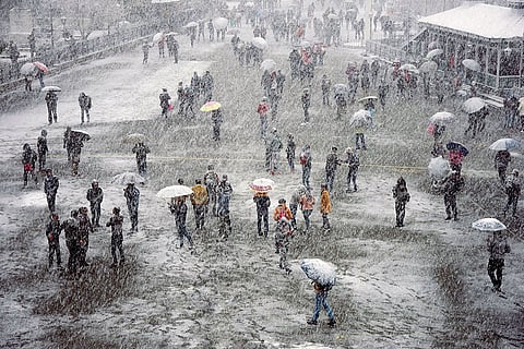 Under gentle snowfall, pedestrians huddle under colourful umbrellas, their figures silhouetted against the backdrop of snow-dusted buildings and trees. —Shimla, Himachal Pradesh
