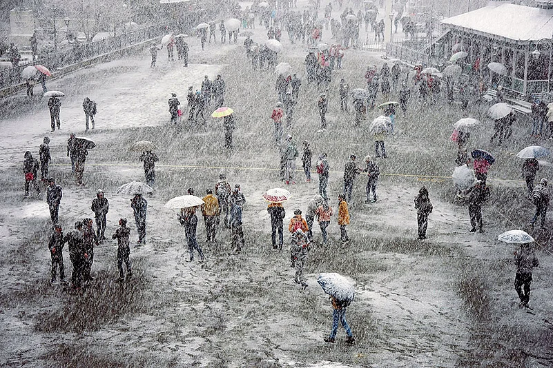 Under gentle snowfall, pedestrians huddle under colourful umbrellas, their figures silhouetted against the backdrop of snow-dusted buildings and trees. —Shimla, Himachal Pradesh