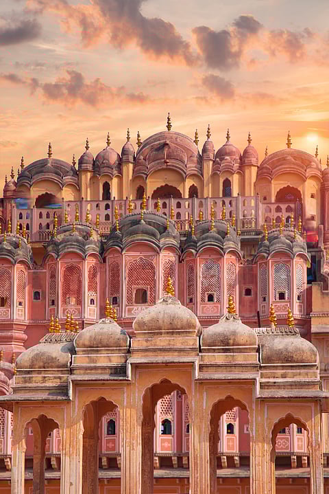 The Hawa Mahal features intricate latticework to filter gaze and scorching heat 