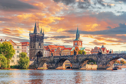 Charles Bridge overlooking the castle in Prague