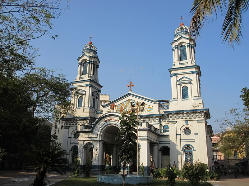 The cathedral boasts an ornate pediment adorned with intricate designs