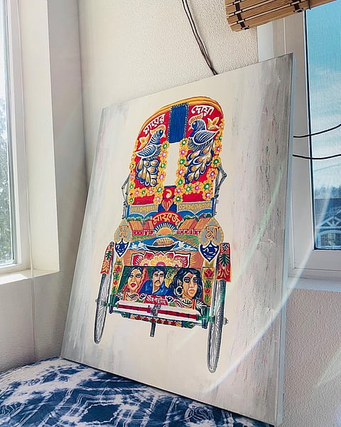A painting of a traditional Bangladeshi cycle rickshaw