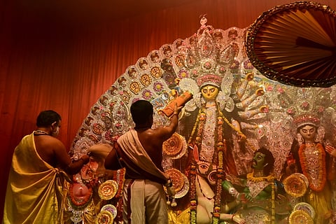 Ashtami puja inside a puja pandal in Kolkata