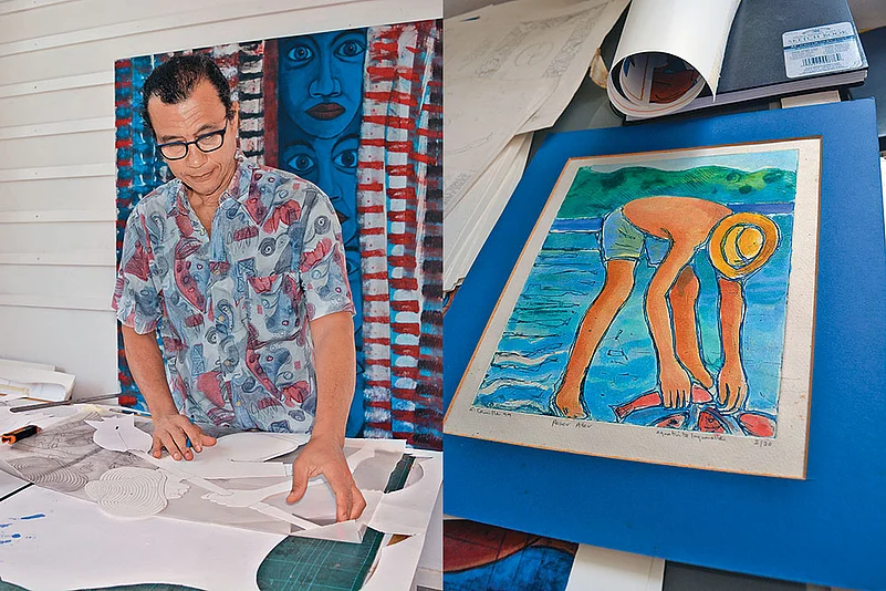 Left and right: Artist George Camille in his studio; a sketch of a man catching fish