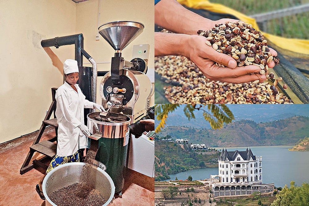 Clockwise from left: The coffee roasting process at Boneza Coffees factory; processed coffee beans; a view of Cleo Lake Kivu in Karongi