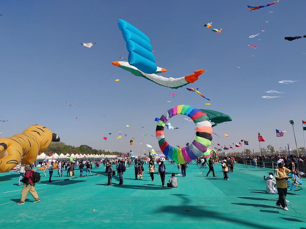 Colourful kites soaring up in the sky at the International Kite Festival in Ahmedabad