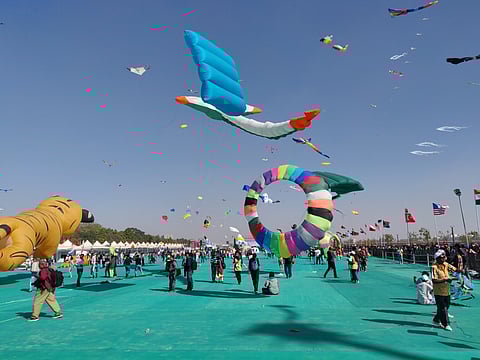 Colourful kites soaring up in the sky at the International Kite Festival in Ahmedabad