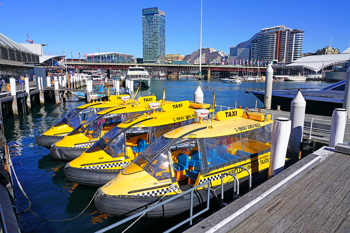 Yellow water taxis in Darling Harbour, a modern neighborhood in Sydney