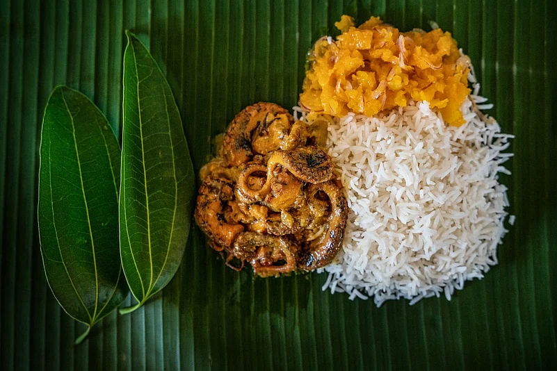 Octopus curry with white rice and pumpkin chutney