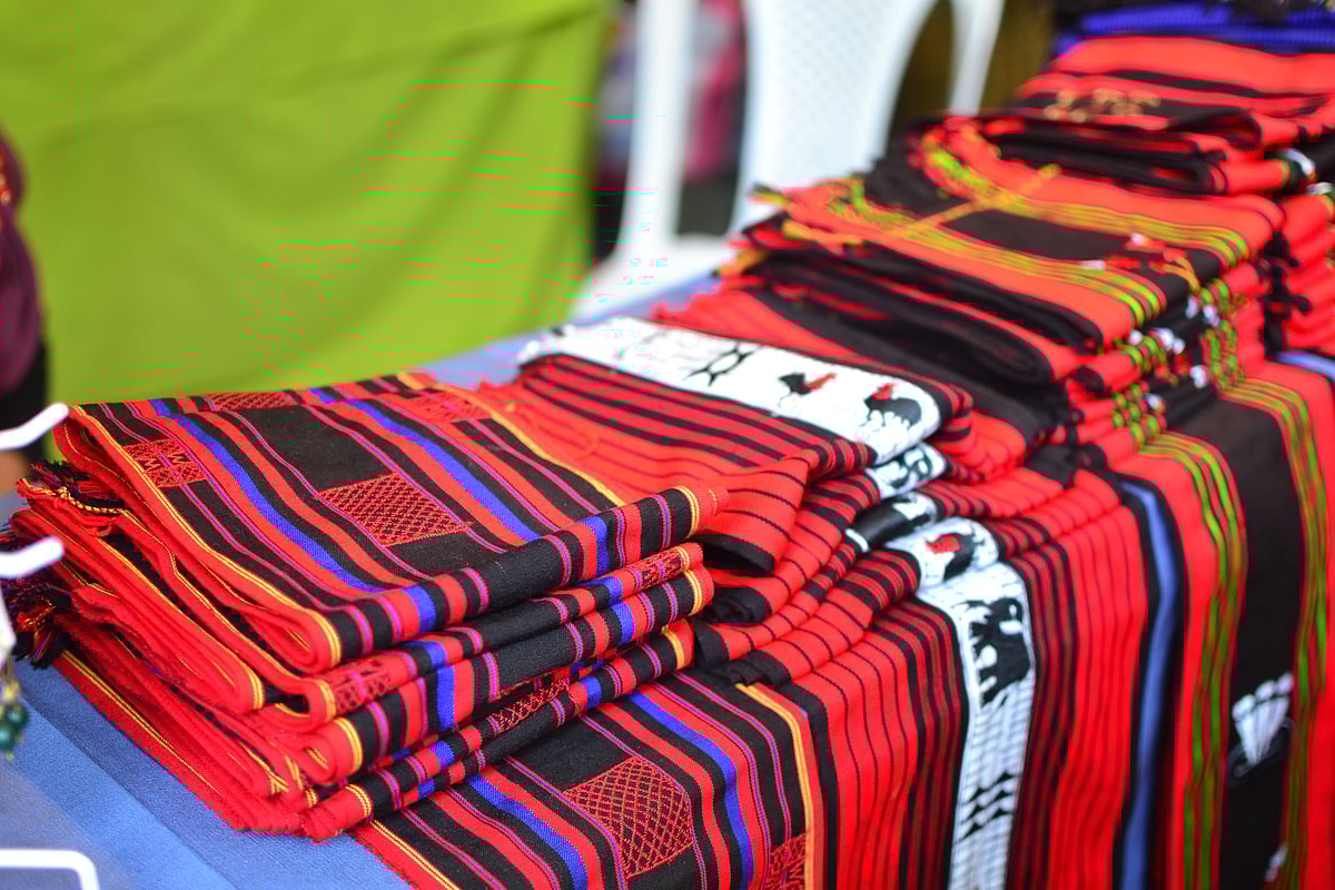 A colorful Naga shawl on display at a shop at Hornbill Festival, Nagaland, India