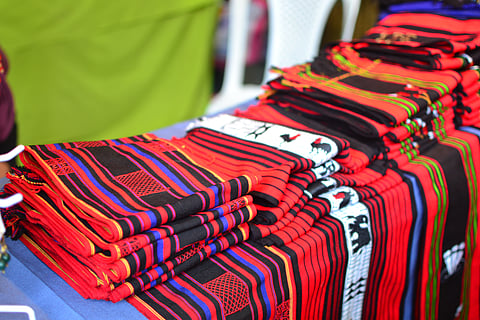A colorful Naga shawl on display at a shop at Hornbill Festival, Nagaland, India